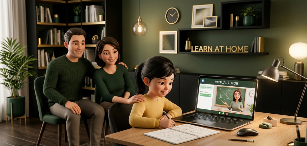 Young girl learning mathematics through an Online Academy virtual tutor while her parents watch proudly at home.