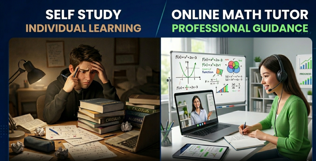 Student attending an online algebra tutoring session and taking notes.