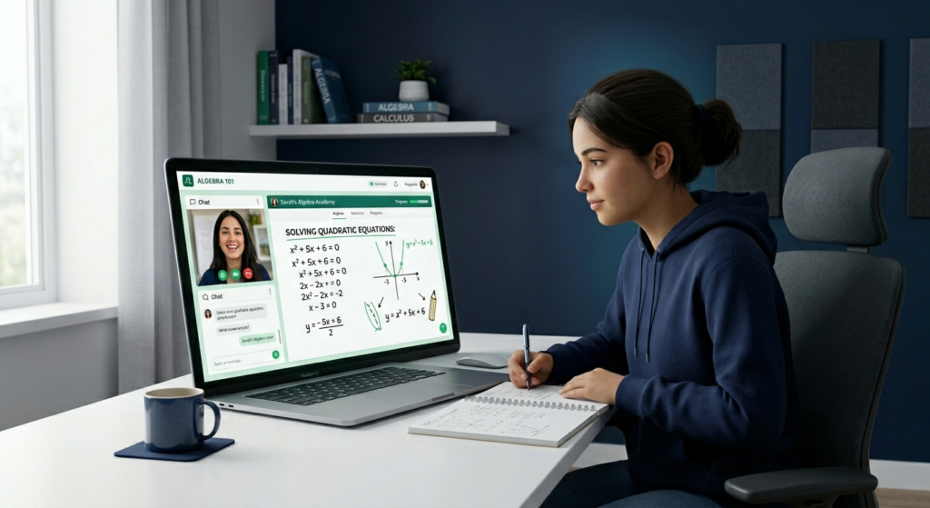 Student comparing self-study with online math tutoring.