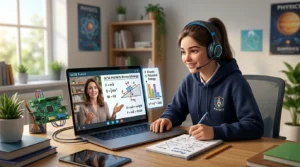 Student attending a GCSE Physics tutoring session online with a teacher explaining forces, energy, and equations on a laptop screen.