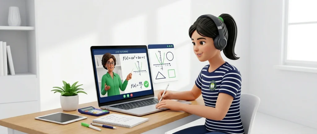 Student learning mathematics through live online tutoring session with digital whiteboard explanation