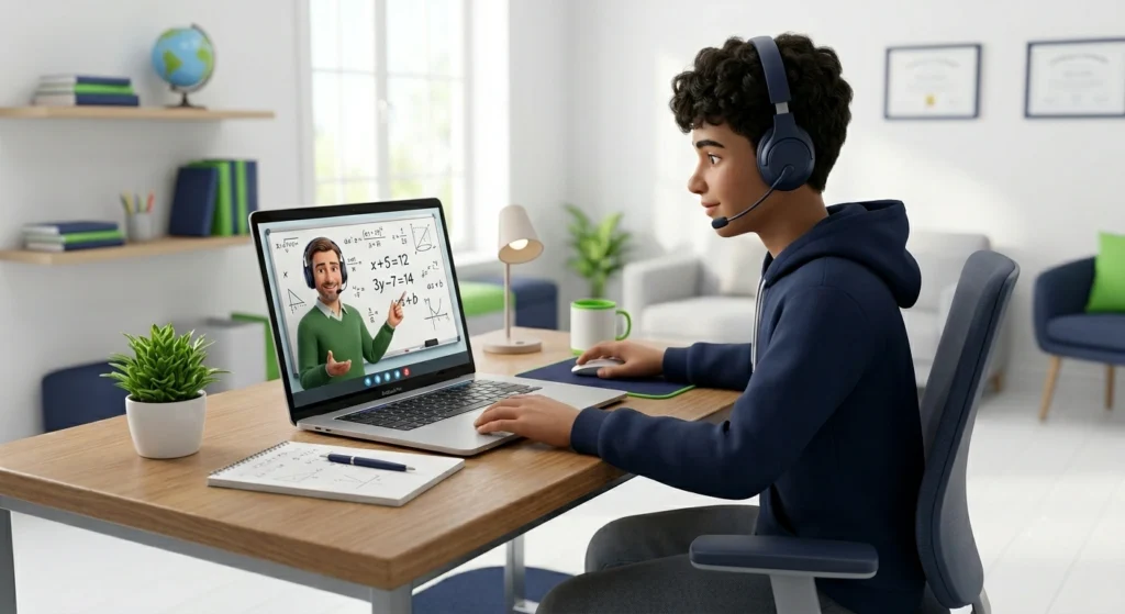 Student participating in a live online tutoring session with a teacher through a virtual classroom platform.