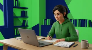 Student attending online math class on laptop with tutor explaining concepts
