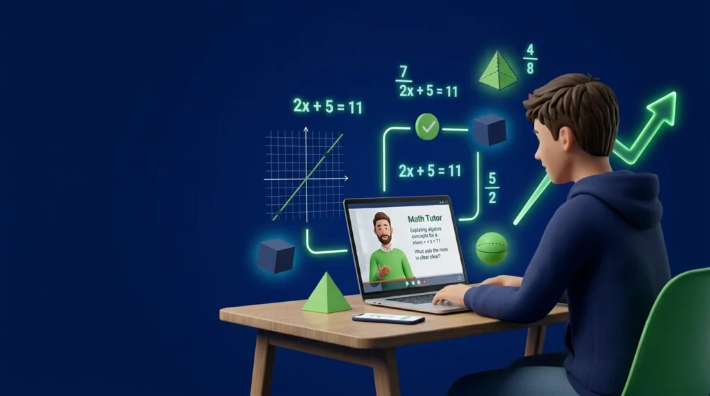 Student solving math problem online with visual equations and tutor guidance