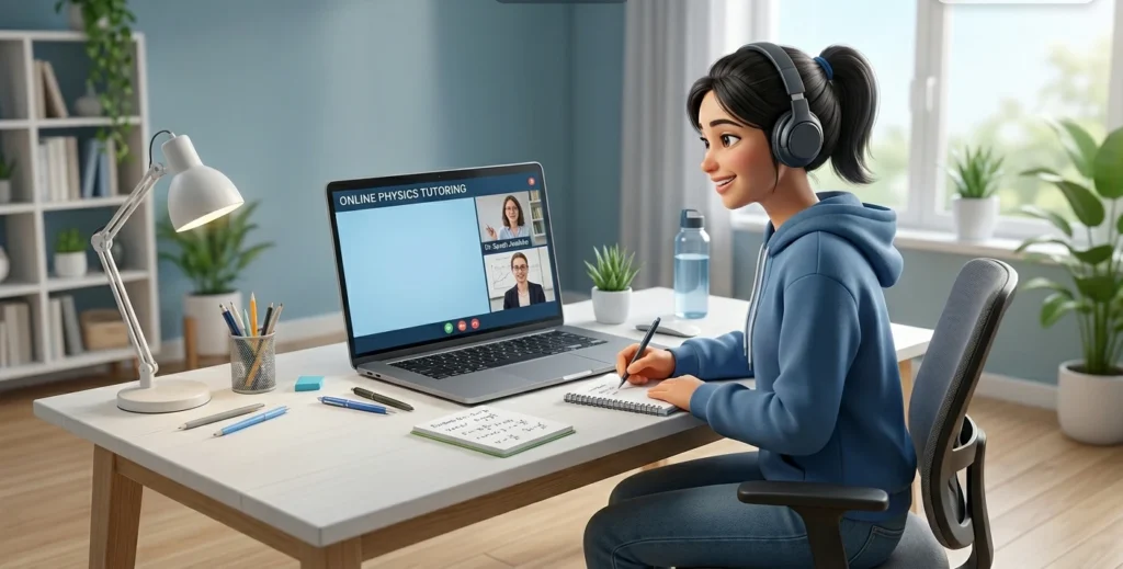 Student studying with an online Physics tutor during a virtual GCSE Physics class from home.