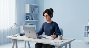 Student attending online physics classes from home using a laptop in a modern study environment.