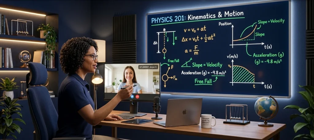 Physics teacher conducting a live online lesson with a student using a digital whiteboard and interactive physics concepts.