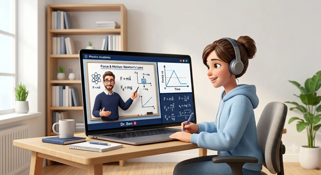Student attending a live online physics tutor session with interactive lessons and physics formulas on screen.