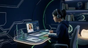 Student attending a live online physics tutoring class with a teacher through a laptop video call.