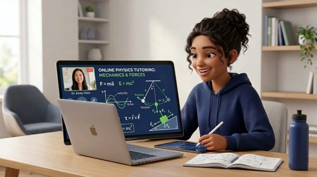 Student attending an interactive online physics tutoring session with live physics lessons and formulas