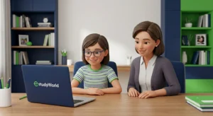 Parent supporting a child during an online learning session on a laptop at home.