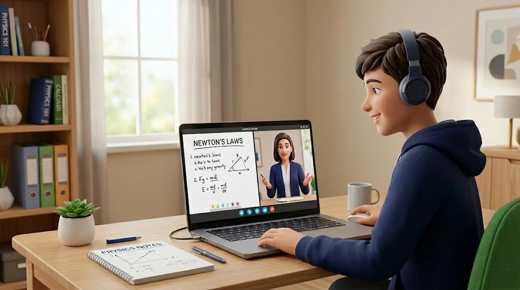 Student learning Newton's laws during a live physics teacher online lesson from home