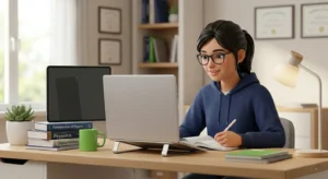 Student attending a physics tutor online session while studying physics concepts from home