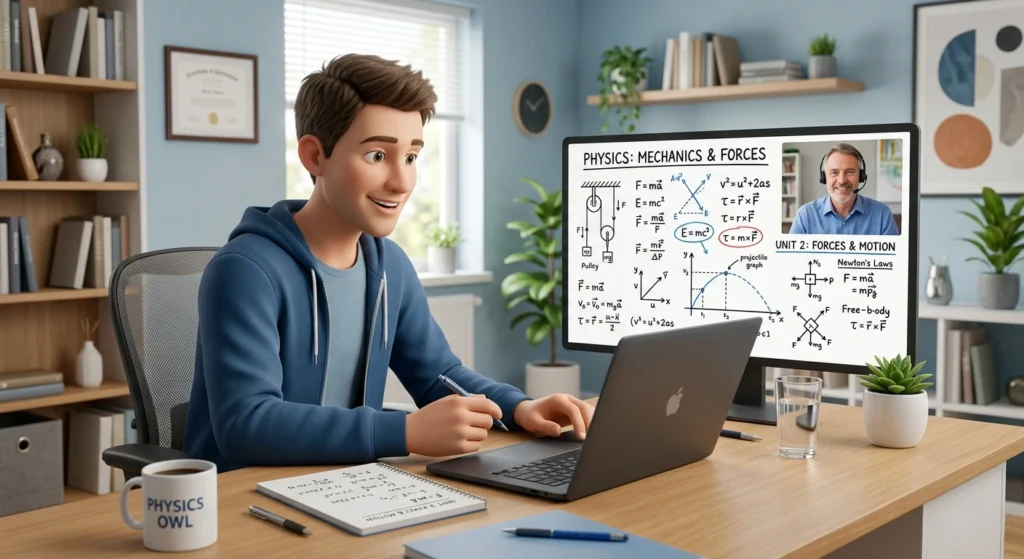 Student learning with an online physics tutor through a virtual lesson covering mechanics, forces, and physics concepts.
