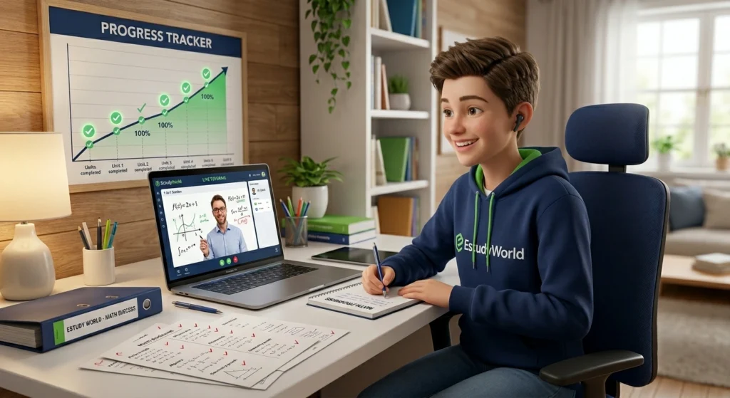 Student attending an online class while tracking academic progress and learning achievements.