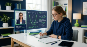 Student studying at a desk using a virtual AI tutor display showing a quadratic equation, graph, and step-by-step math explanation.