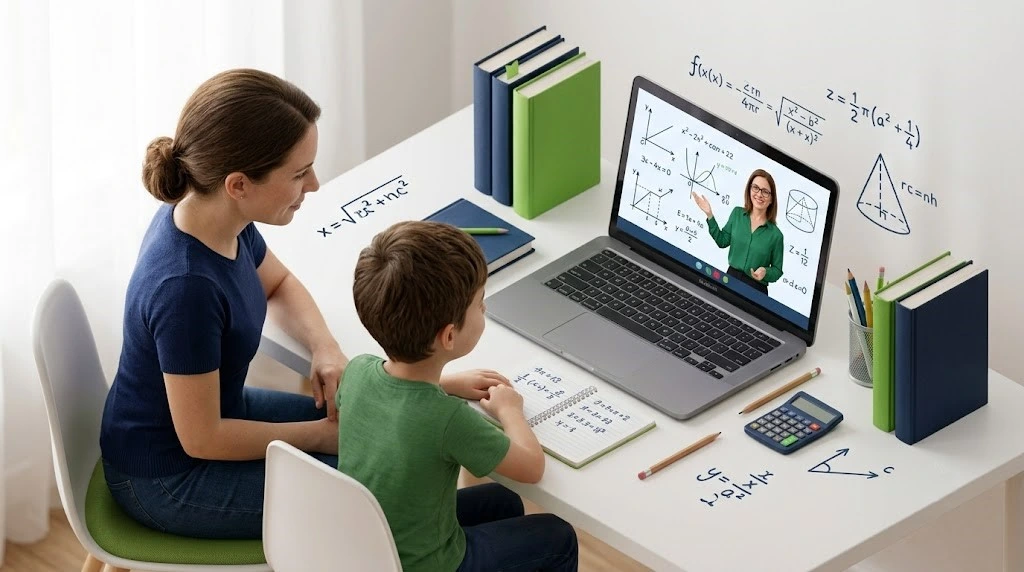 Student receiving live online math tutoring with a parent during a personalized one-to-one learning session at home