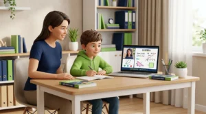 Parent and child learning with a math teacher online during a live 1-to-1 tutoring session at home.